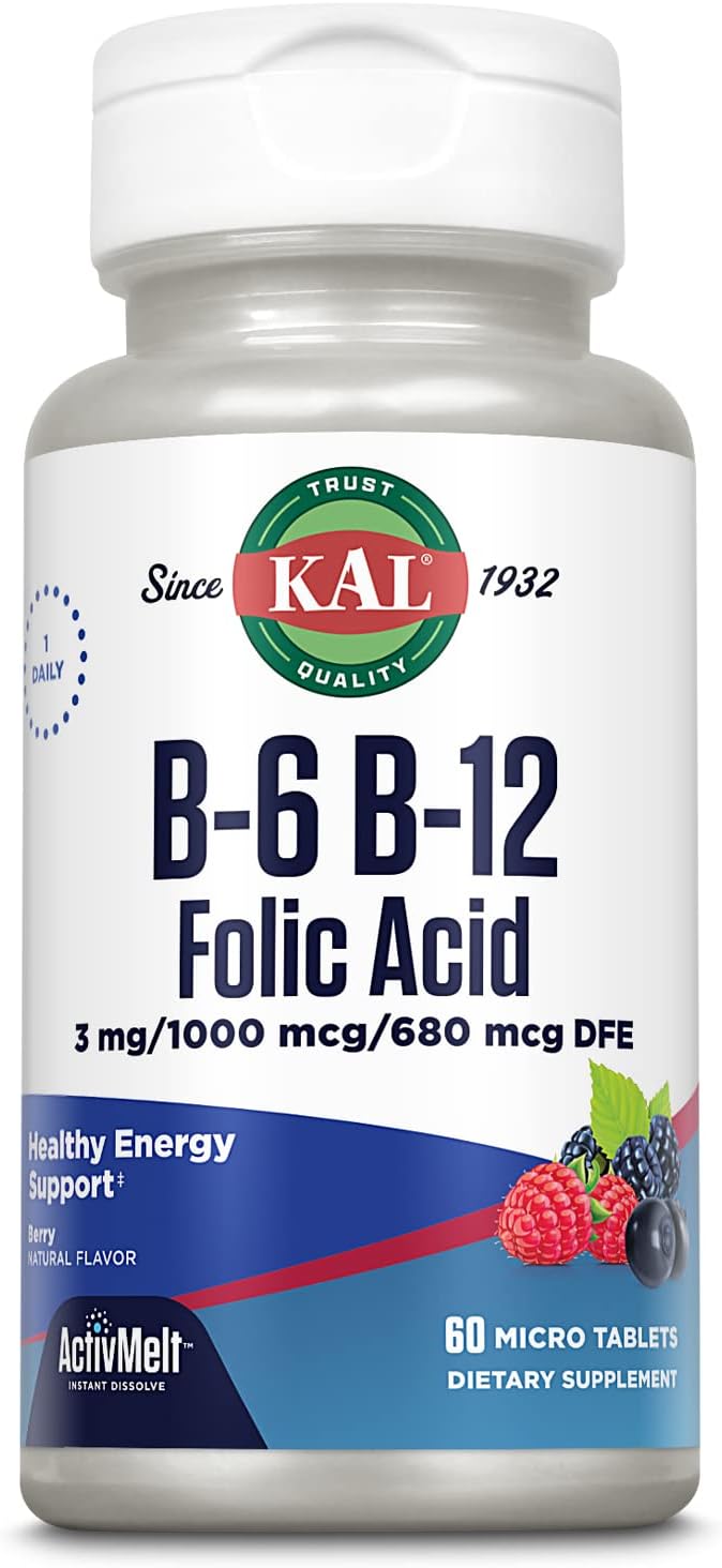 Vitamin B-6, B-12, and Folic Acid Supplement for Heart Health and Energy - 60 Berry Flavored ActivMelt Tablets