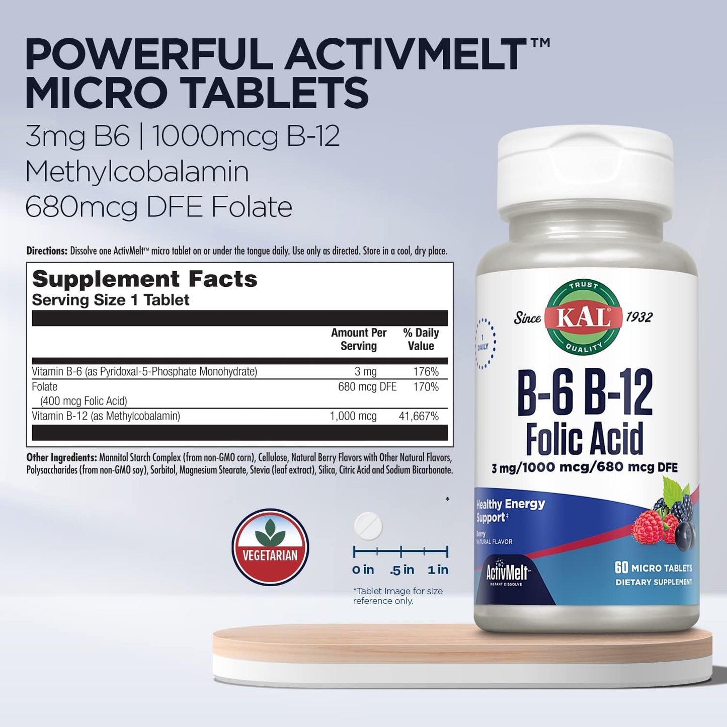 Vitamin B-6, B-12, and Folic Acid Supplement for Heart Health and Energy - 60 Berry Flavored ActivMelt Tablets