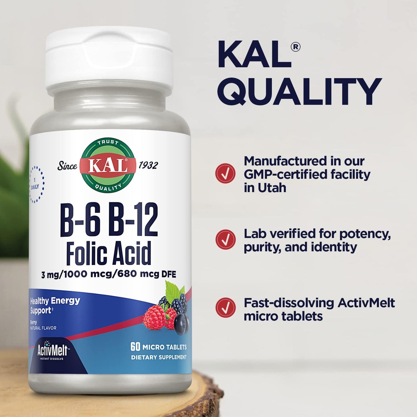 Vitamin B-6, B-12, and Folic Acid Supplement for Heart Health and Energy - 60 Berry Flavored ActivMelt Tablets