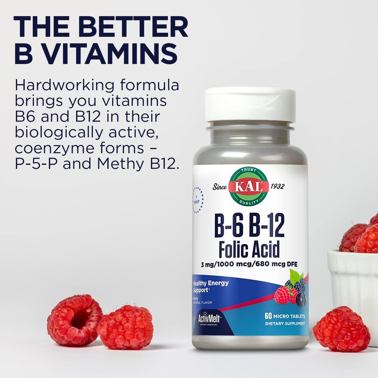 Vitamin B-6, B-12, and Folic Acid Supplement for Heart Health and Energy - 60 Berry Flavored ActivMelt Tablets