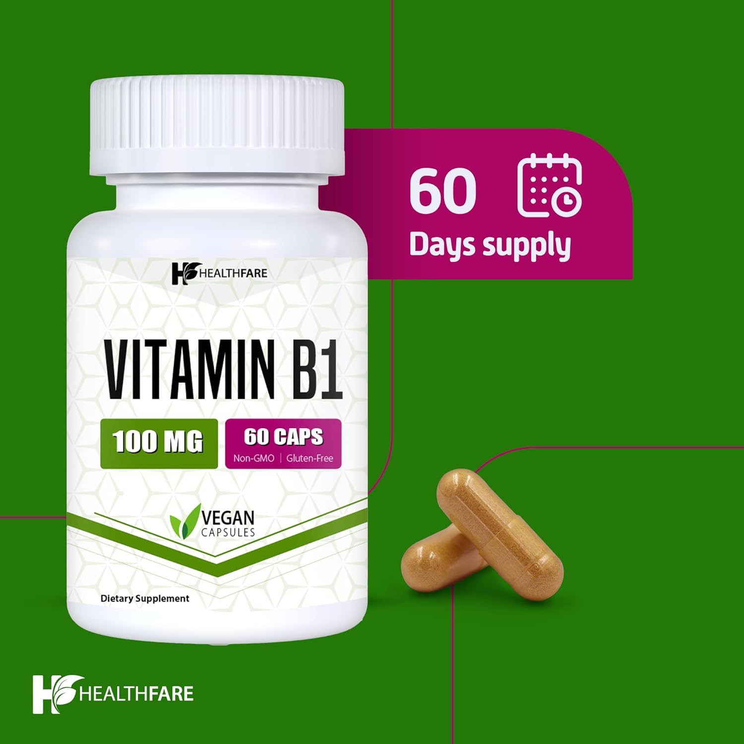 Vitamin B1 100mg Thiamine Supplement - 60 Capsules for Overall Health - Non-GMO & Gluten Free