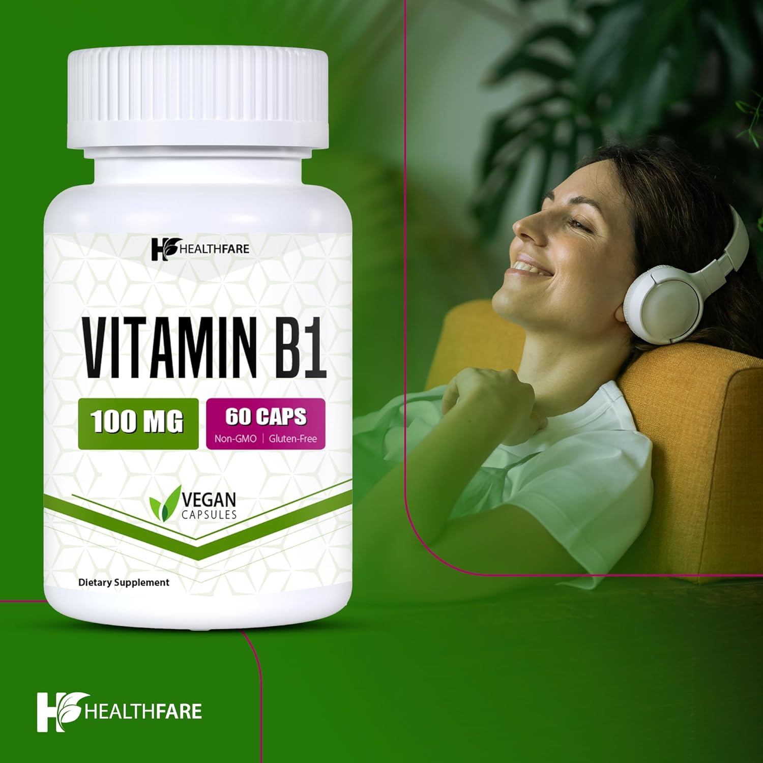 Vitamin B1 100mg Thiamine Supplement - 60 Capsules for Overall Health - Non-GMO & Gluten Free