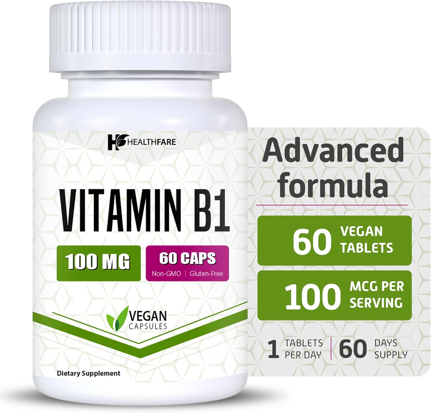Vitamin B1 100mg Thiamine Supplement - 60 Capsules for Overall Health - Non-GMO & Gluten Free