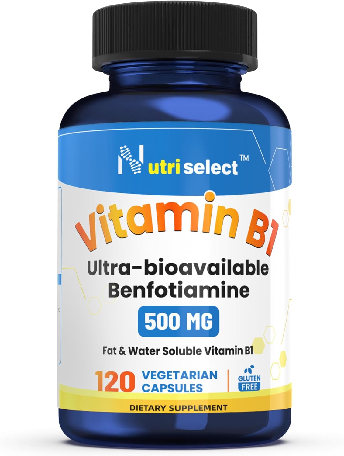 Vitamin B1 Benfotiamine Supplement - NUTRISELECT 120 Capsules, 500mg, Non-GMO, Vegan, Gluten-Free