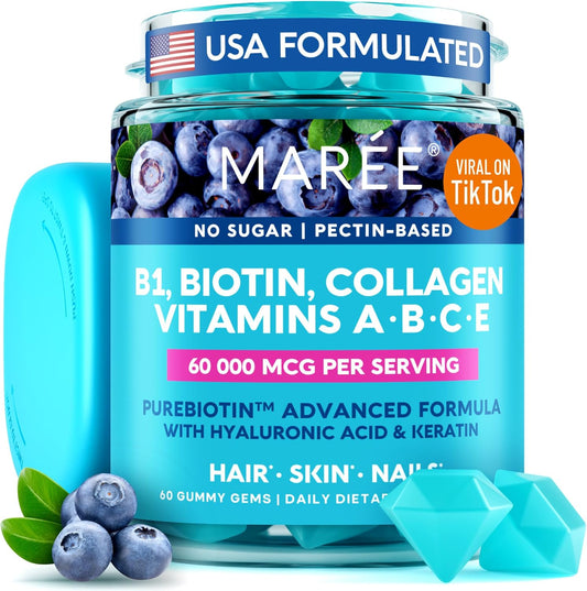 Vitamin B1 Thiamine & B7 Biotin Gummies with A E D C Vitamins Complex for Skin, Nails & Hair - Keratin, Collagen, Hyaluronic & Pantothenic Acid Support