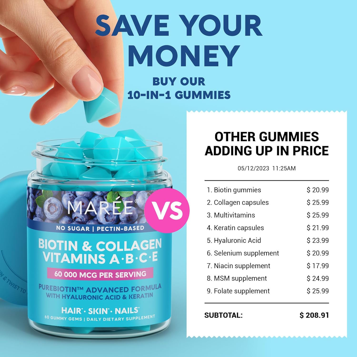 Vitamin B1 Thiamine & B7 Biotin Gummies with A E D C Vitamins Complex for Skin, Nails & Hair - Keratin, Collagen, Hyaluronic & Pantothenic Acid Support