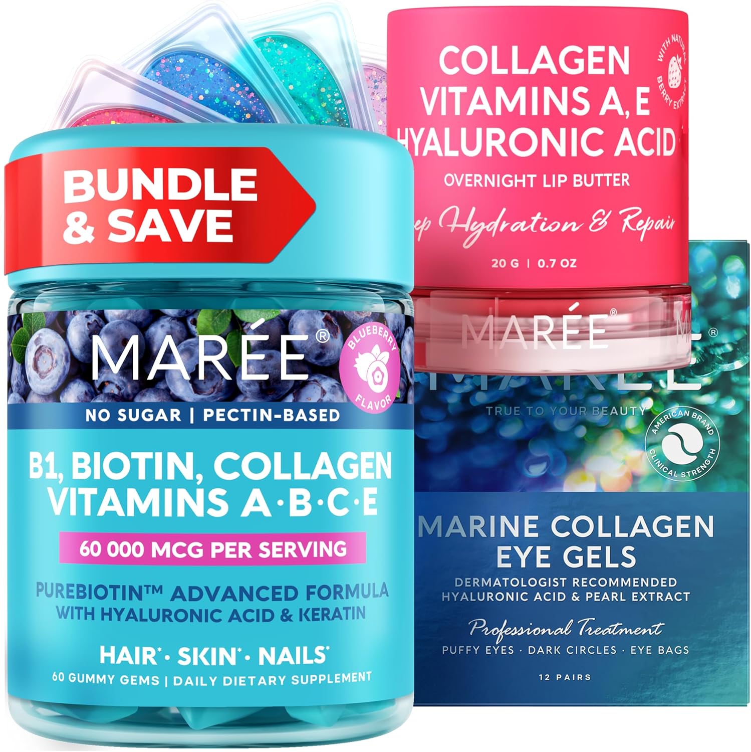 Vitamin B1 Thiamine Gummies, Lip Mask, Under Eye Gels with A, E, D, C Vitamins - Collagen & Hyaluronic Acid Complex for Skin, Nails, Hair - Hydrating Lip Mask - Depuffing Eye Gels for Puffy Eyes