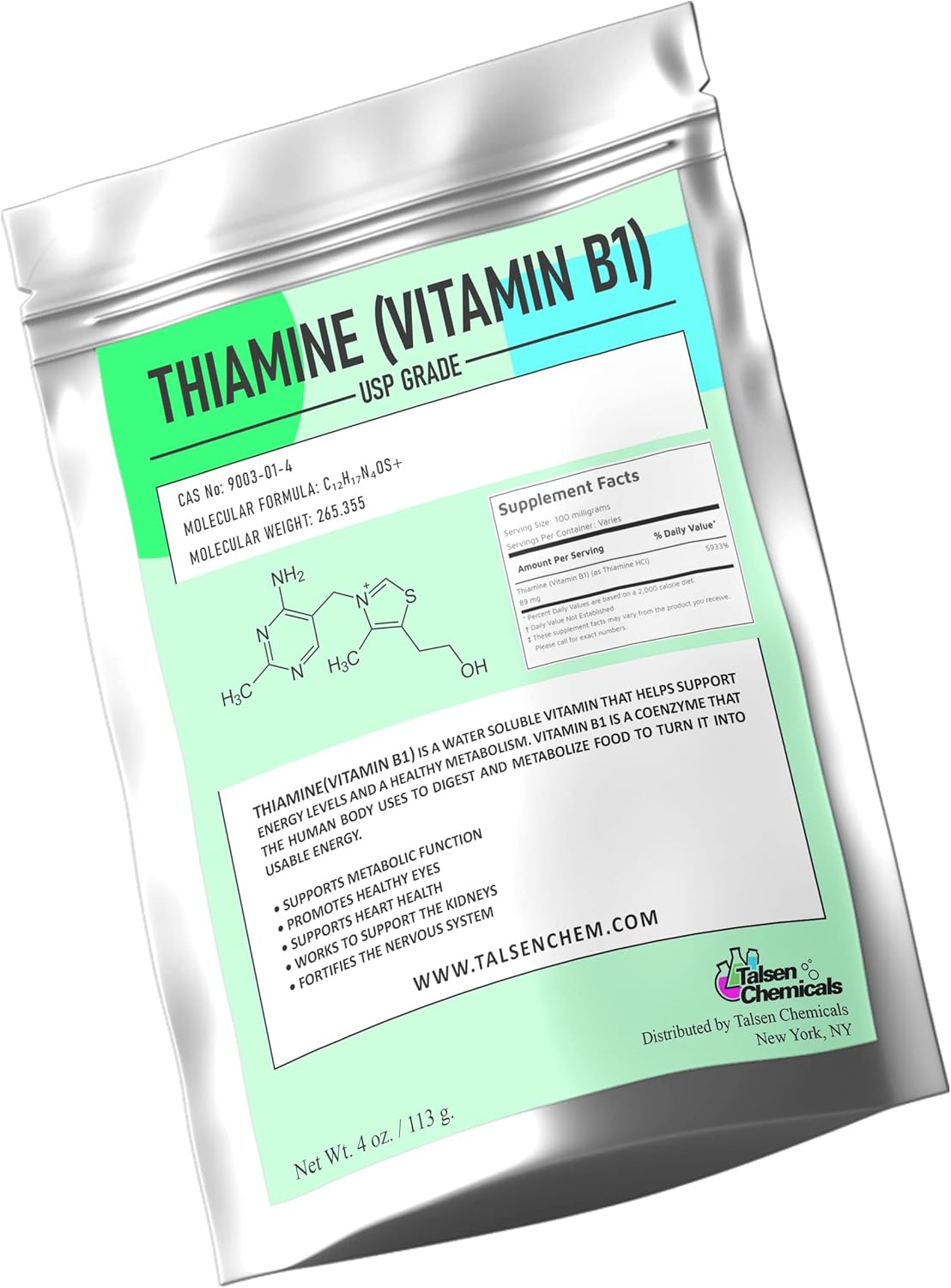 Vitamin B1 Thiamine Powder for Energy Metabolism and Nerve Function Support - 4oz/113g Supplement by Talsen Chemicals