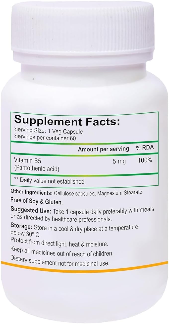 Vitamin B5 Supplement, 100% RDA for Energy & Metabolism, 60 Vegetarian Capsules