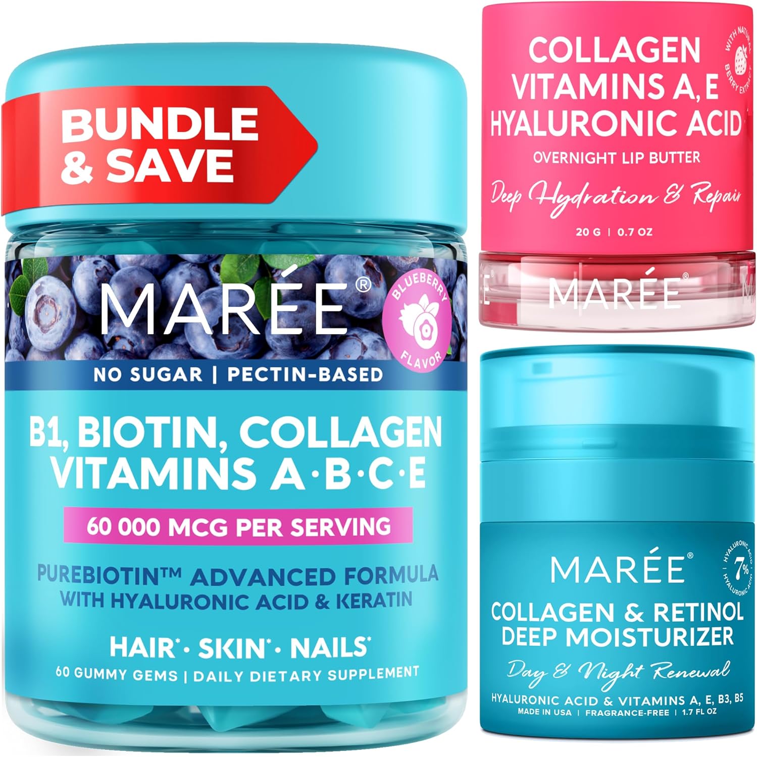 Vitamin Bundle: B1 Thiamine Gummies, Lip Mask, Face Moisturizer with A, E, D, C Vitamins, Collagen, Hyaluronic Acid, Retinol - Skin, Nails, Hair Care - Anti-Aging Cream & Lip Mask for Dry Lips