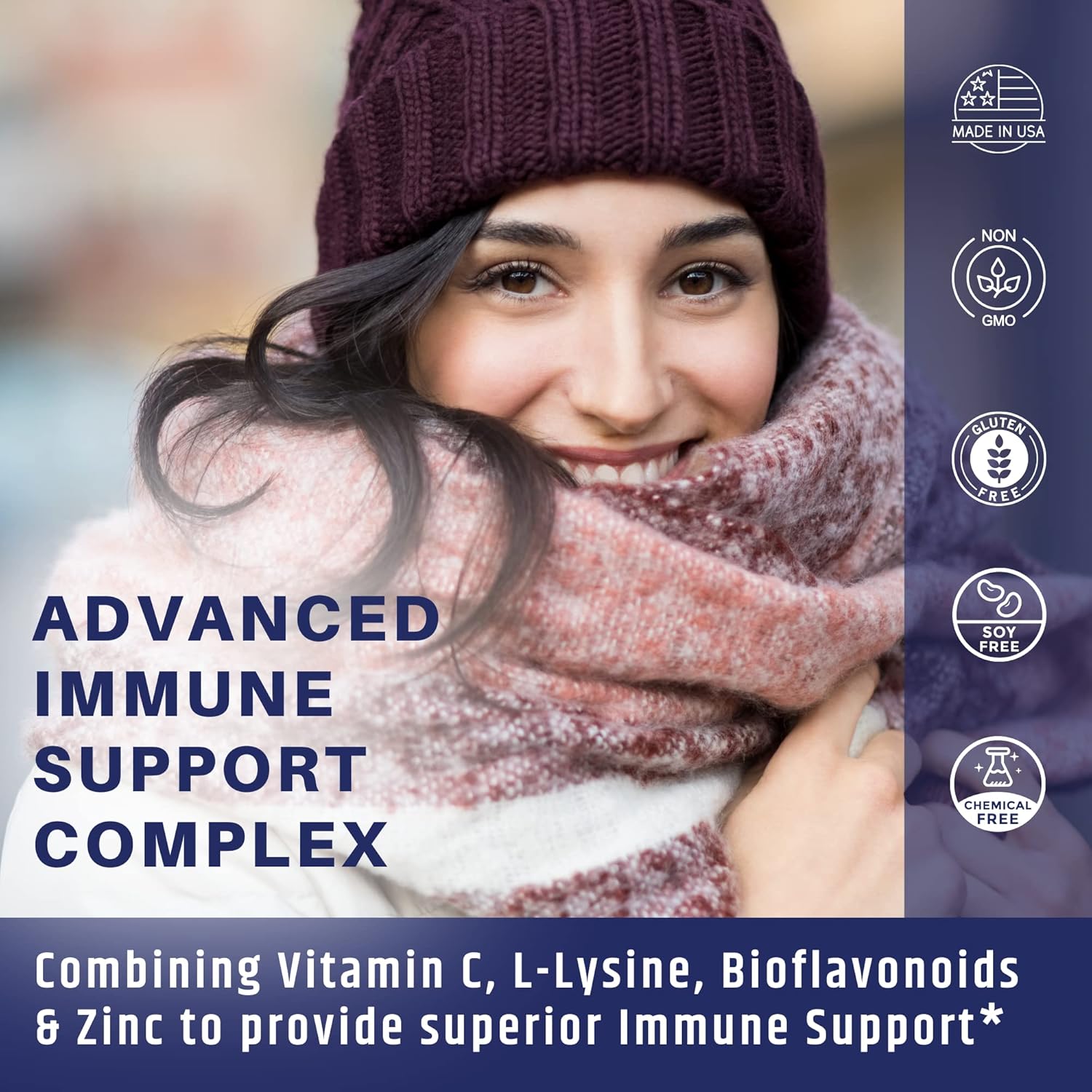 Vitamin C 1000mg Complex with L-Lysine, Zinc, and Bioflavonoids - Immune System Support Supplement