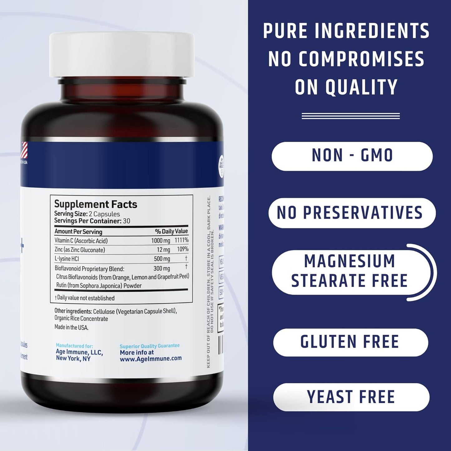 Vitamin C 1000mg Complex with L-Lysine, Zinc, and Bioflavonoids - Immune System Support Supplement