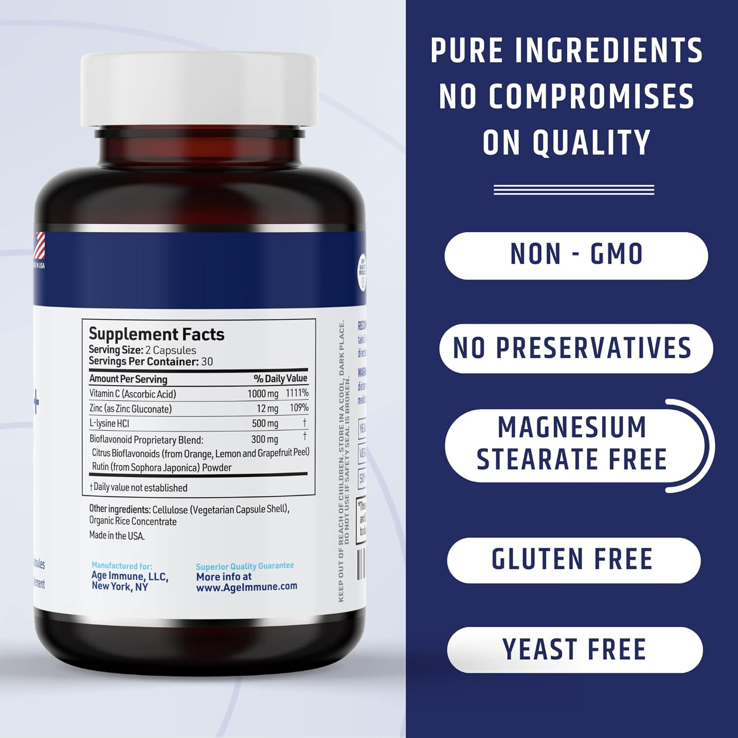 Vitamin C 1000mg Complex with L-Lysine, Zinc, and Bioflavonoids - Immune System Support Supplement