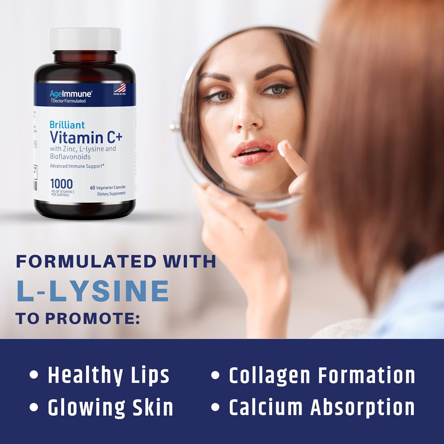 Vitamin C 1000mg Complex with L-Lysine, Zinc, and Bioflavonoids - Immune System Support Supplement
