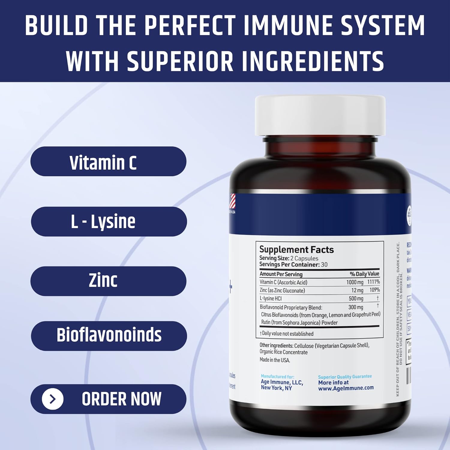 Vitamin C 1000mg Complex with L-Lysine, Zinc, and Bioflavonoids - Immune System Support Supplement