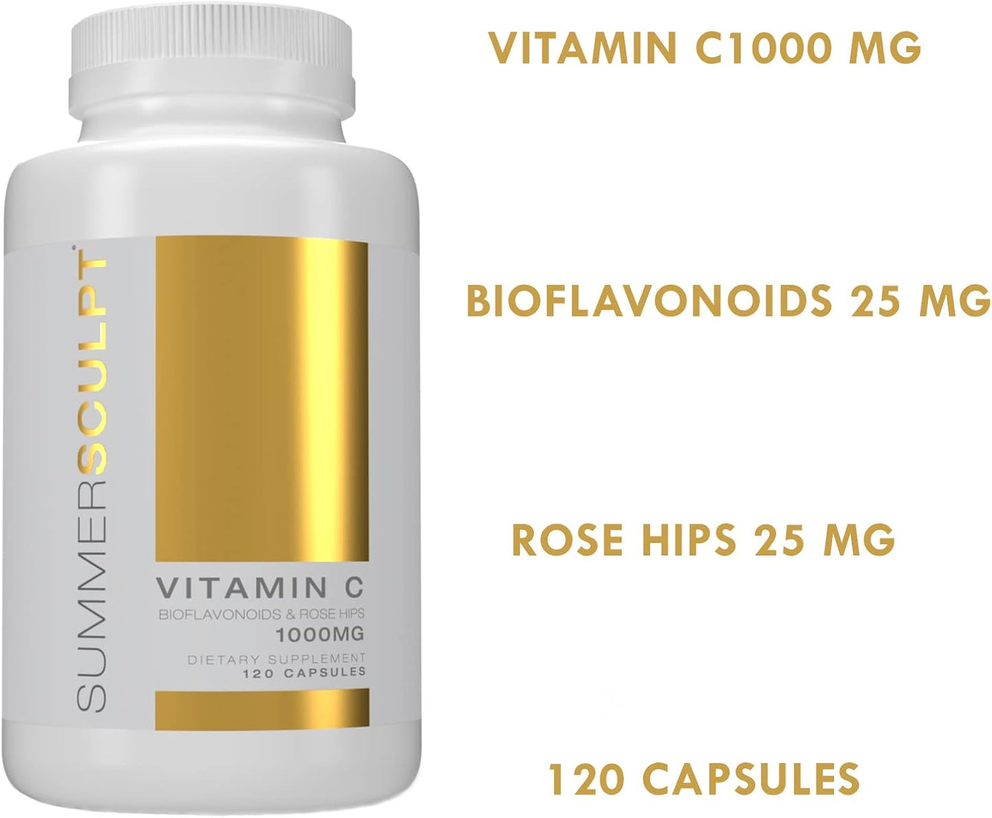 Vitamin C 1000mg Daily Immune Support with Rose HIPS & Bioflavonoids, Healthy Skin & Joints, Non-GMO, Non-Acidic - 120 Capsules