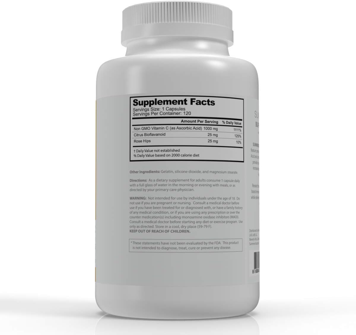 Vitamin C 1000mg Daily Immune Support with Rose HIPS & Bioflavonoids, Healthy Skin & Joints, Non-GMO, Non-Acidic - 120 Capsules