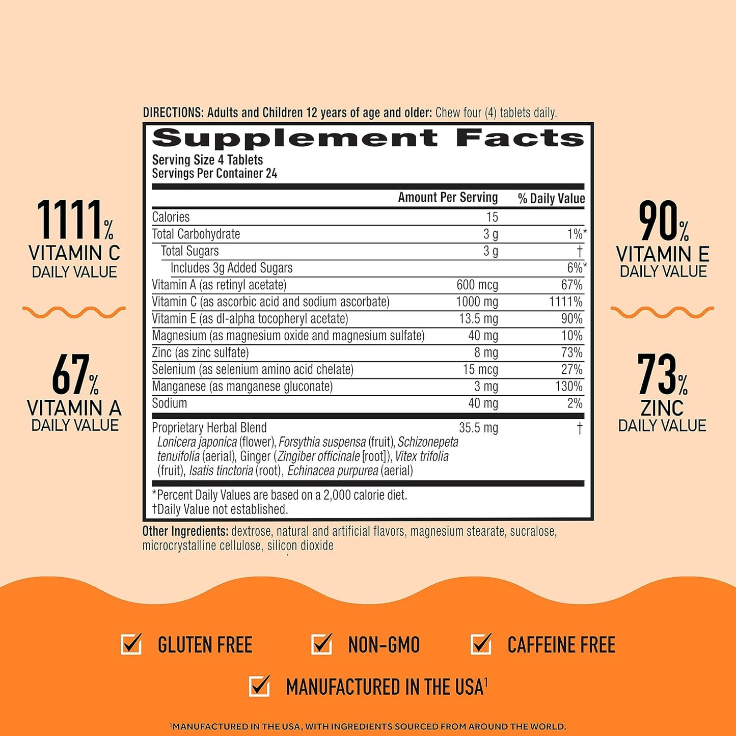 Vitamin C Chewable Tablets with Zinc - Immune Support Supplement with Antioxidants - 96 Citrus Flavor Tablets