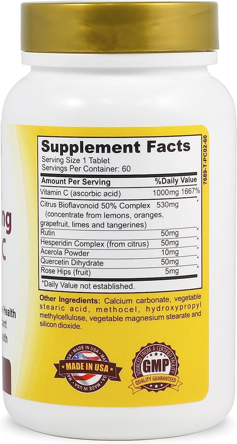 Vitamin C Complex 1000mg Tablets for Skin Brightening & Immune Support with Rose Hips - Antioxidant Supplement for Healthy Aging & Energy Boost