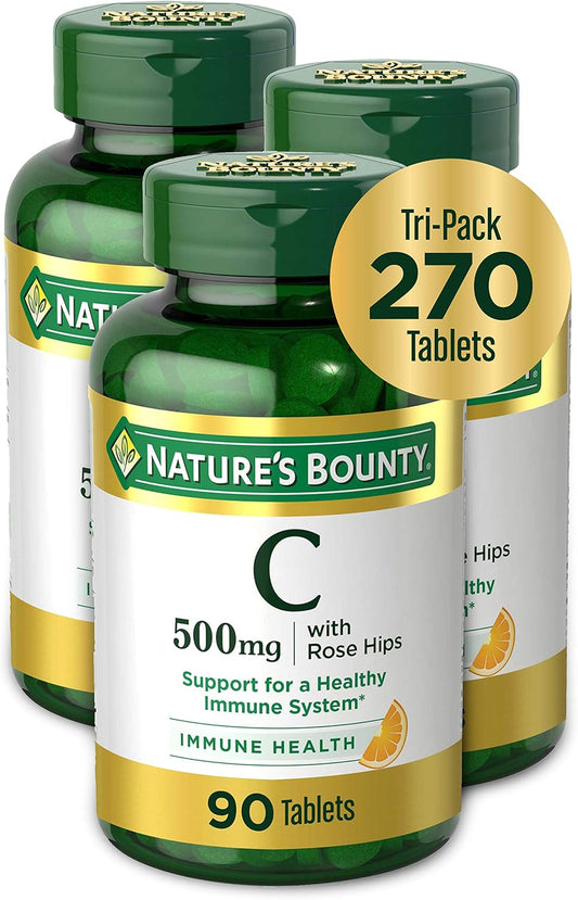 Vitamin C Supplement with Rose Hips for Immune Health - 500mg Tablets, 90 Count (Pack of 3)