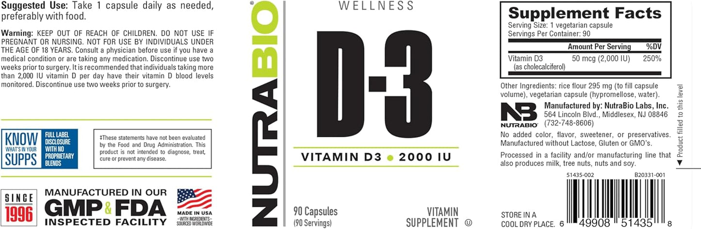 Vitamin D (2000 IU) Supplement for Immune Support - 90 Vegetable Capsules by NutraBio
