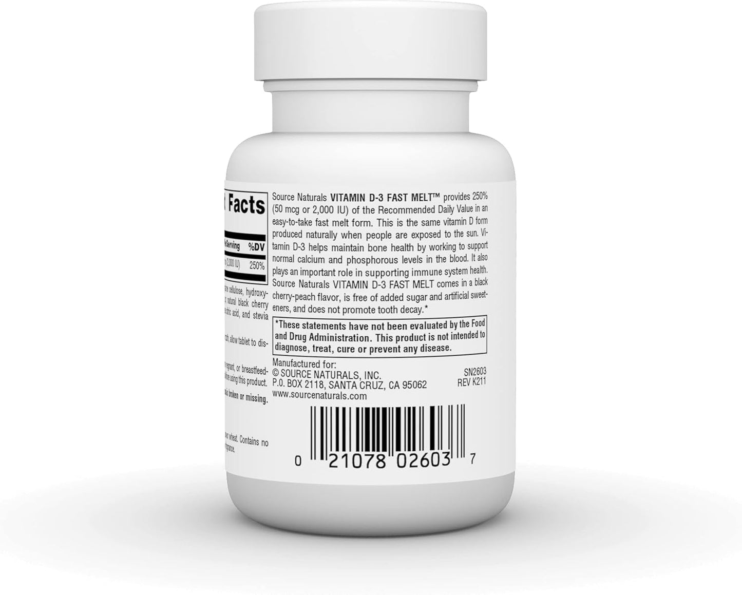 Vitamin D-3 2000 IU Fast Melt Tablets for Bone & Immune Health - Black Cherry Peach Flavor - 120 ct by Source Naturals
