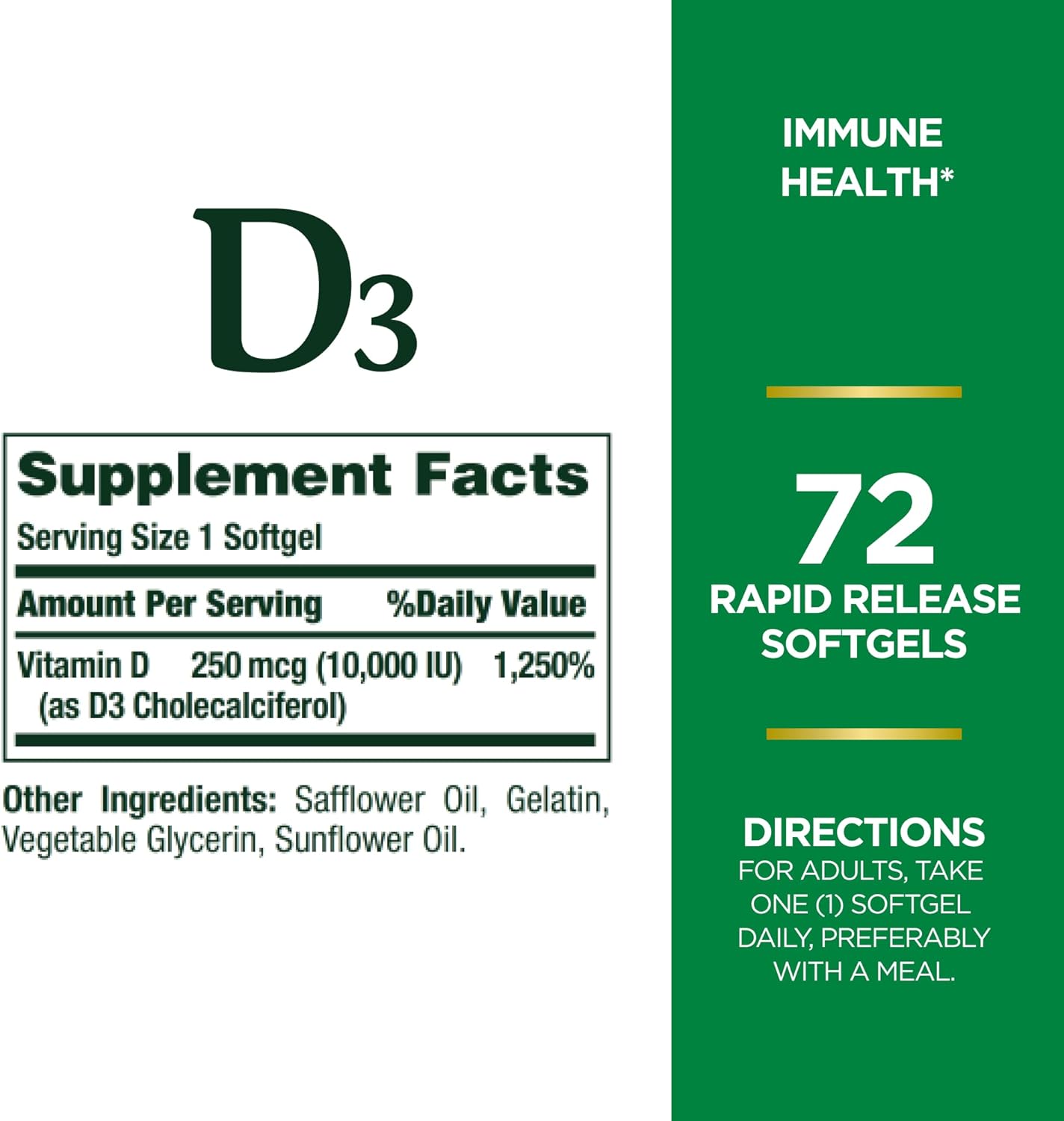 Vitamin D Softgels 10000IU for Immune Support and Bone Health, Multi-Color, 72 Count