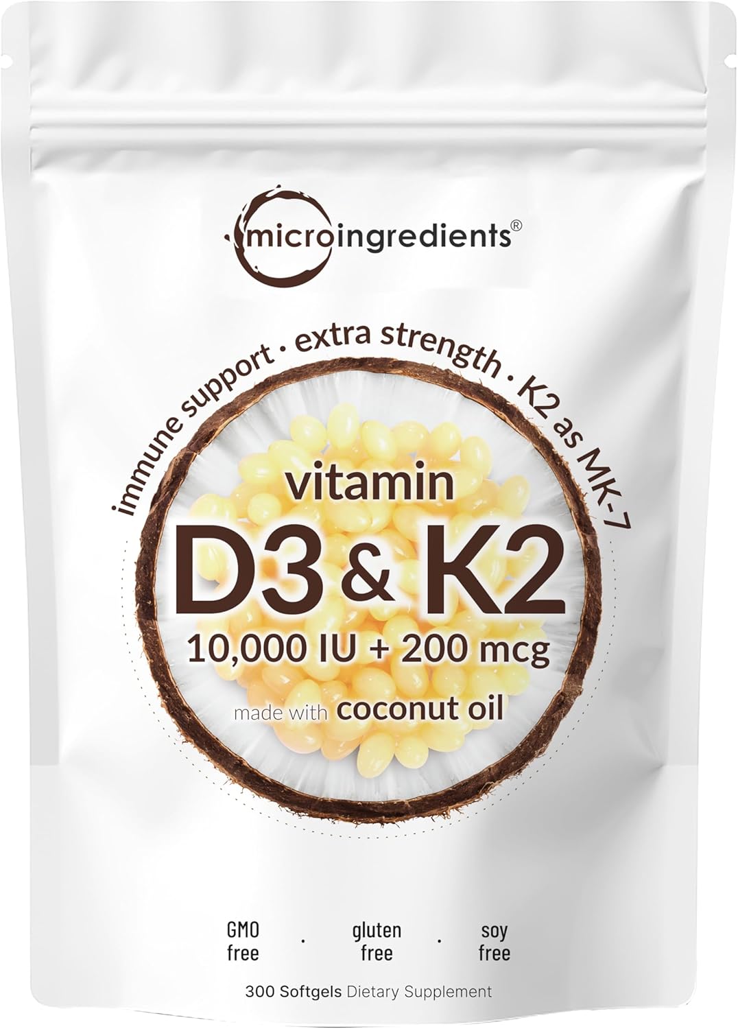 Vitamin D3 10000 IU with K2 (MK-7) 200 mcg Softgels | 300 Virgin Coconut Oil Capsules | Bone, Heart, and Immune Support | Easy to Swallow Vitamin D & K Complex for Calcium Absorption