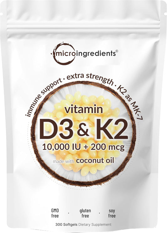 Vitamin D3 10000 IU with K2 (MK-7) 200 mcg Softgels | 300 Virgin Coconut Oil Capsules | Bone, Heart, and Immune Support | Easy to Swallow Vitamin D & K Complex for Calcium Absorption