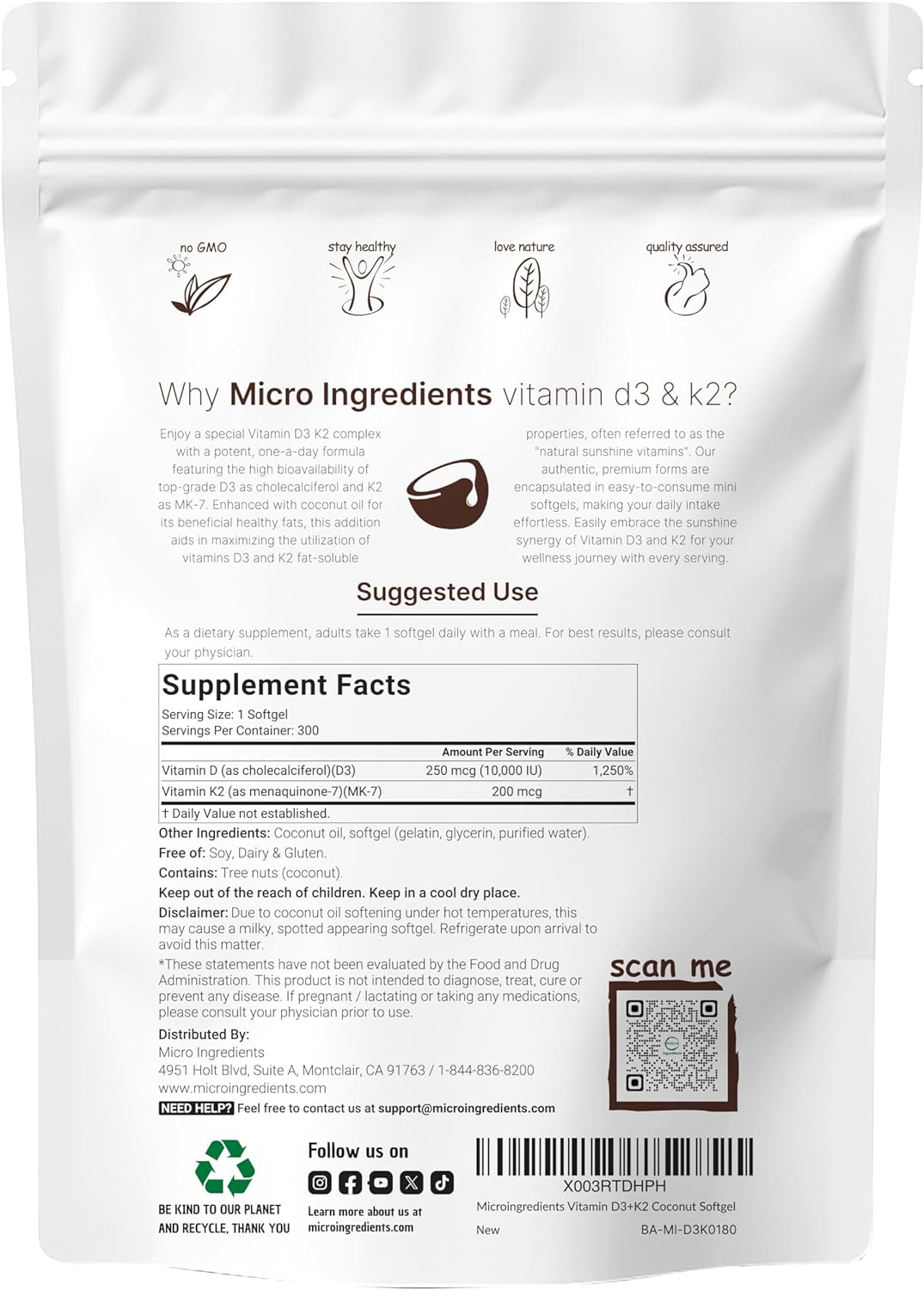 Vitamin D3 10000 IU with K2 (MK-7) 200 mcg Softgels | 300 Virgin Coconut Oil Capsules | Bone, Heart, and Immune Support | Easy to Swallow Vitamin D & K Complex for Calcium Absorption