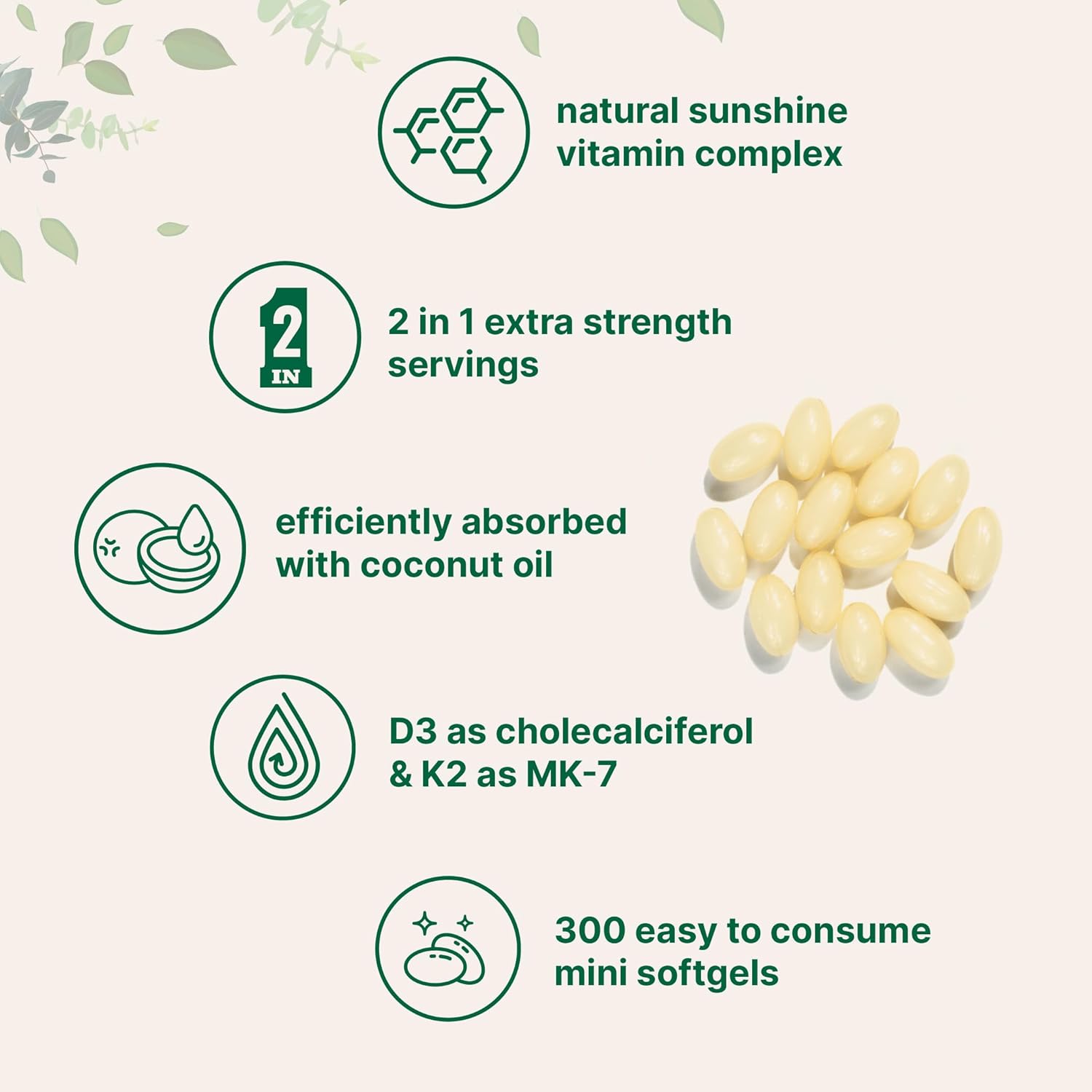 Vitamin D3 10000 IU with K2 (MK-7) 200 mcg Softgels | 300 Virgin Coconut Oil Capsules | Bone, Heart, and Immune Support | Easy to Swallow Vitamin D & K Complex for Calcium Absorption