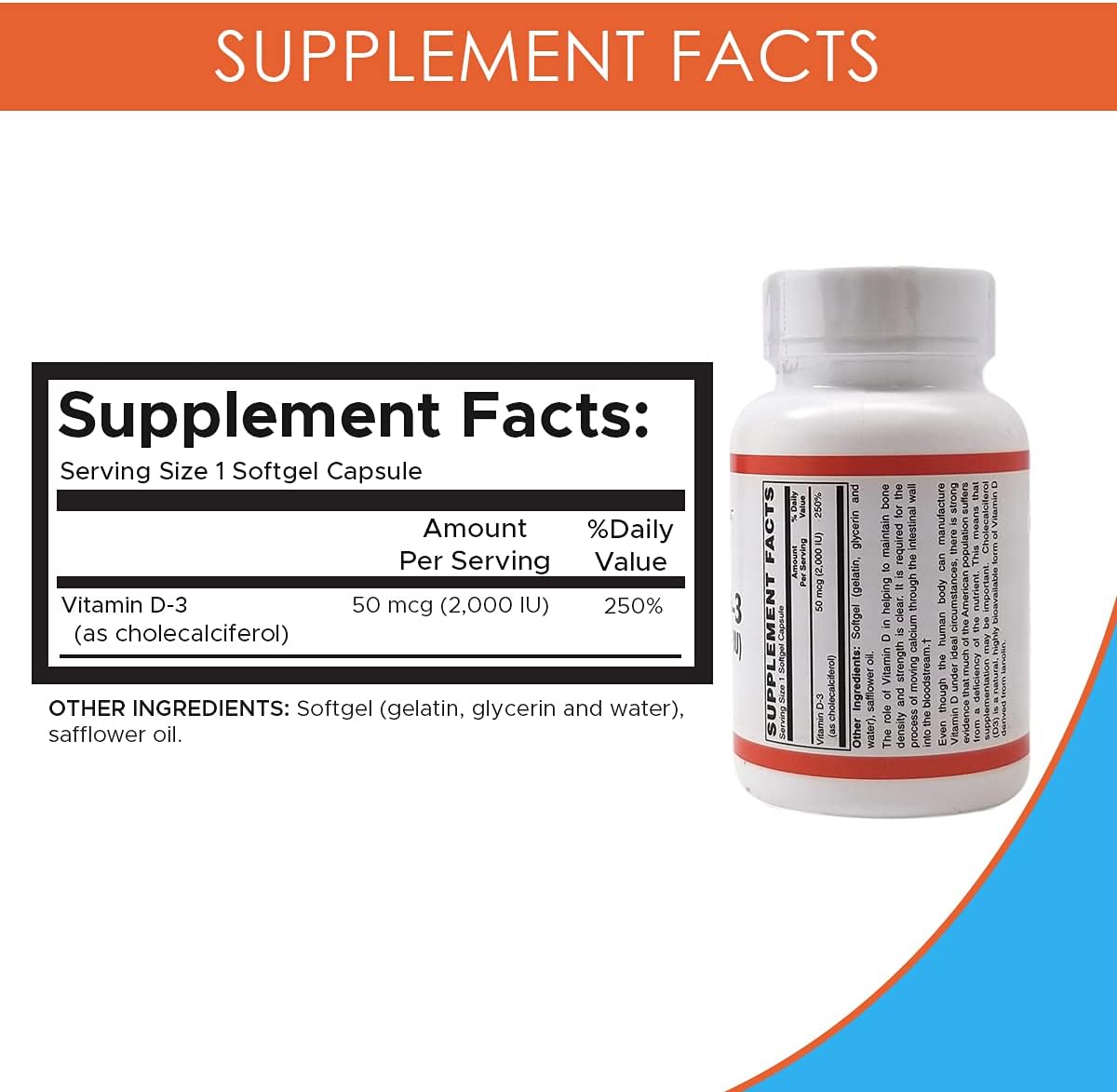 Vitamin D3 2000 IU Softgels for Strong Bones & Muscle Health, 100 Count