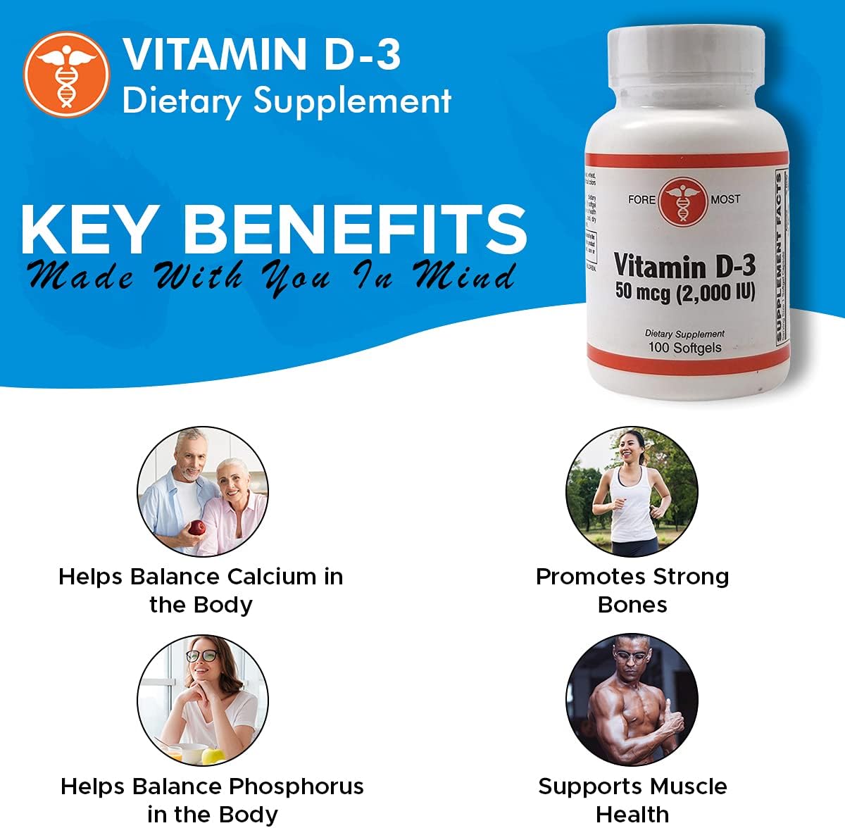 Vitamin D3 2000 IU Softgels for Strong Bones & Muscle Health, 100 Count