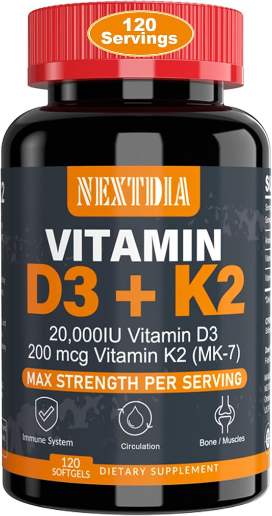 Vitamin D3 20,000 IU + Vitamin K2( MK7 )200mcg Softgel - Strong Bones & Muscles, Immune Support, Non GMO - Nextdia