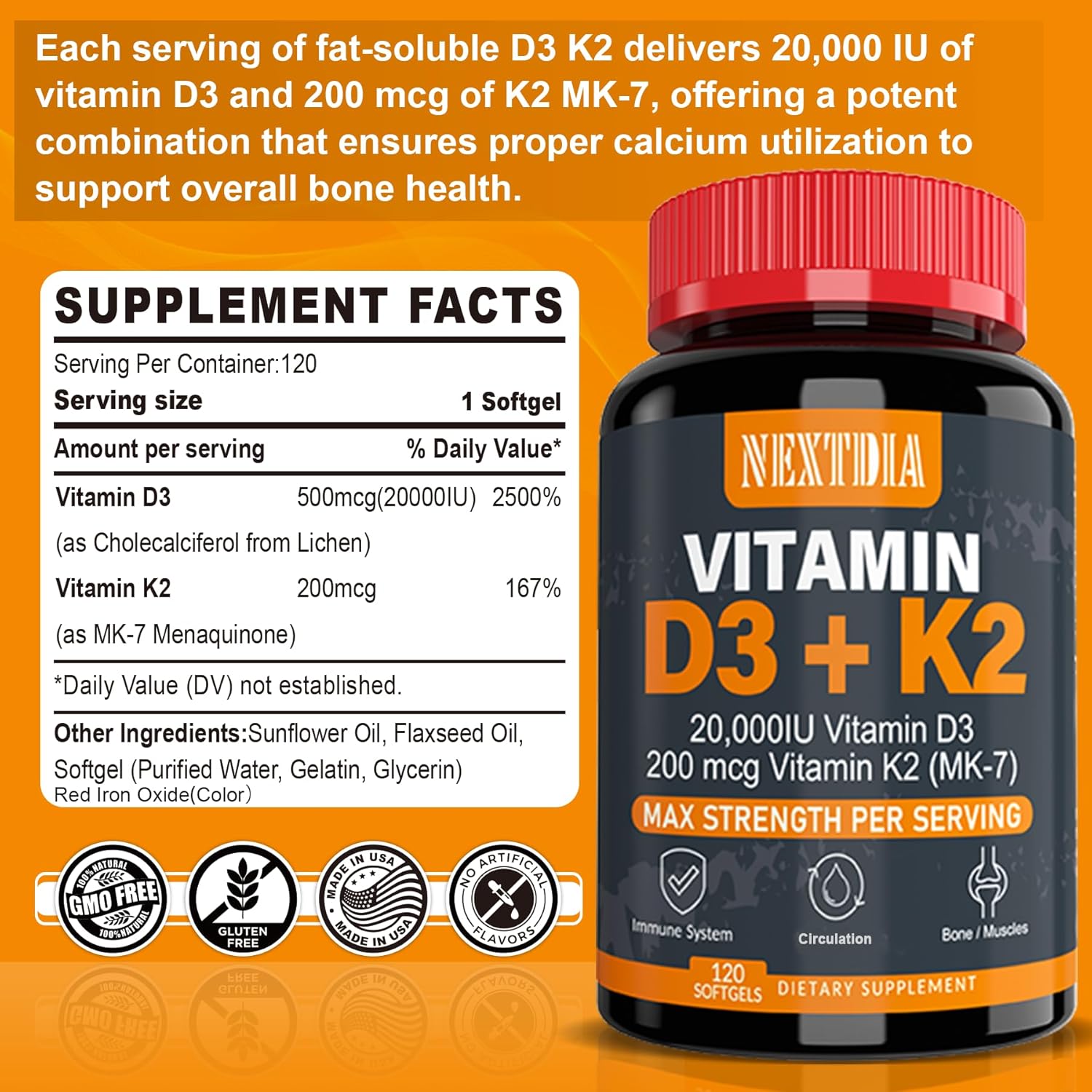 Vitamin D3 20,000 IU + Vitamin K2( MK7 )200mcg Softgel - Strong Bones & Muscles, Immune Support, Non GMO - Nextdia