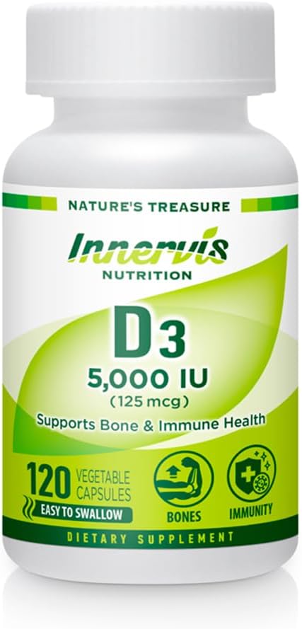 Vitamin D3 5000 IU Vegetable Capsules for Healthy Bones, Teeth, and Immune System - 120 Count