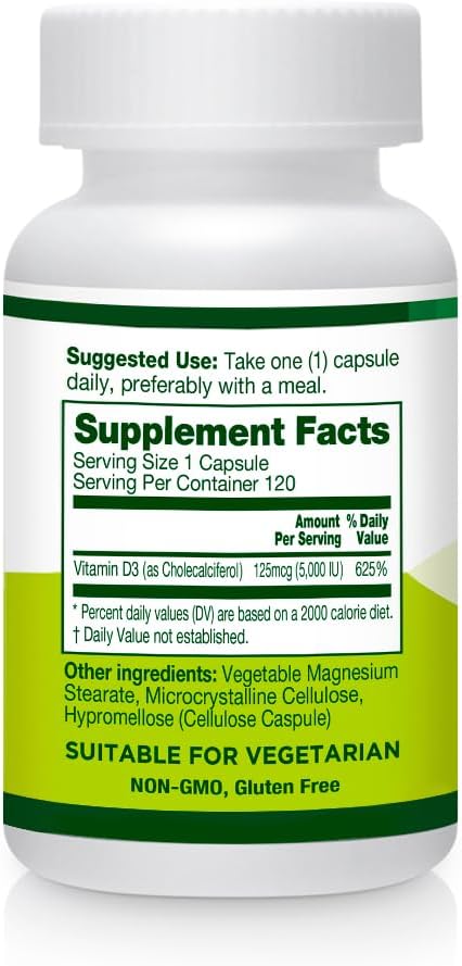 Vitamin D3 5000 IU Vegetable Capsules for Healthy Bones, Teeth, and Immune System - 120 Count
