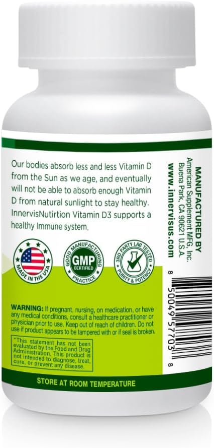 Vitamin D3 5000 IU Vegetable Capsules for Healthy Bones, Teeth, and Immune System - 120 Count
