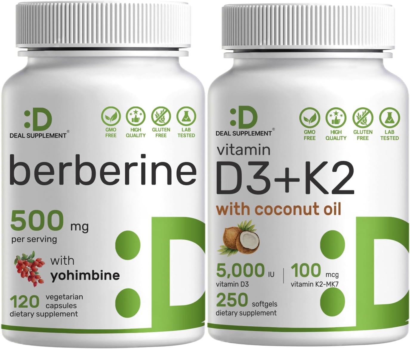 Vitamin D3 5000iu + K2 100mcg Softgels & Berberine Supplement with Yohimbine Bundle - High Absorption Formula for Essential Sunshine Vitamins