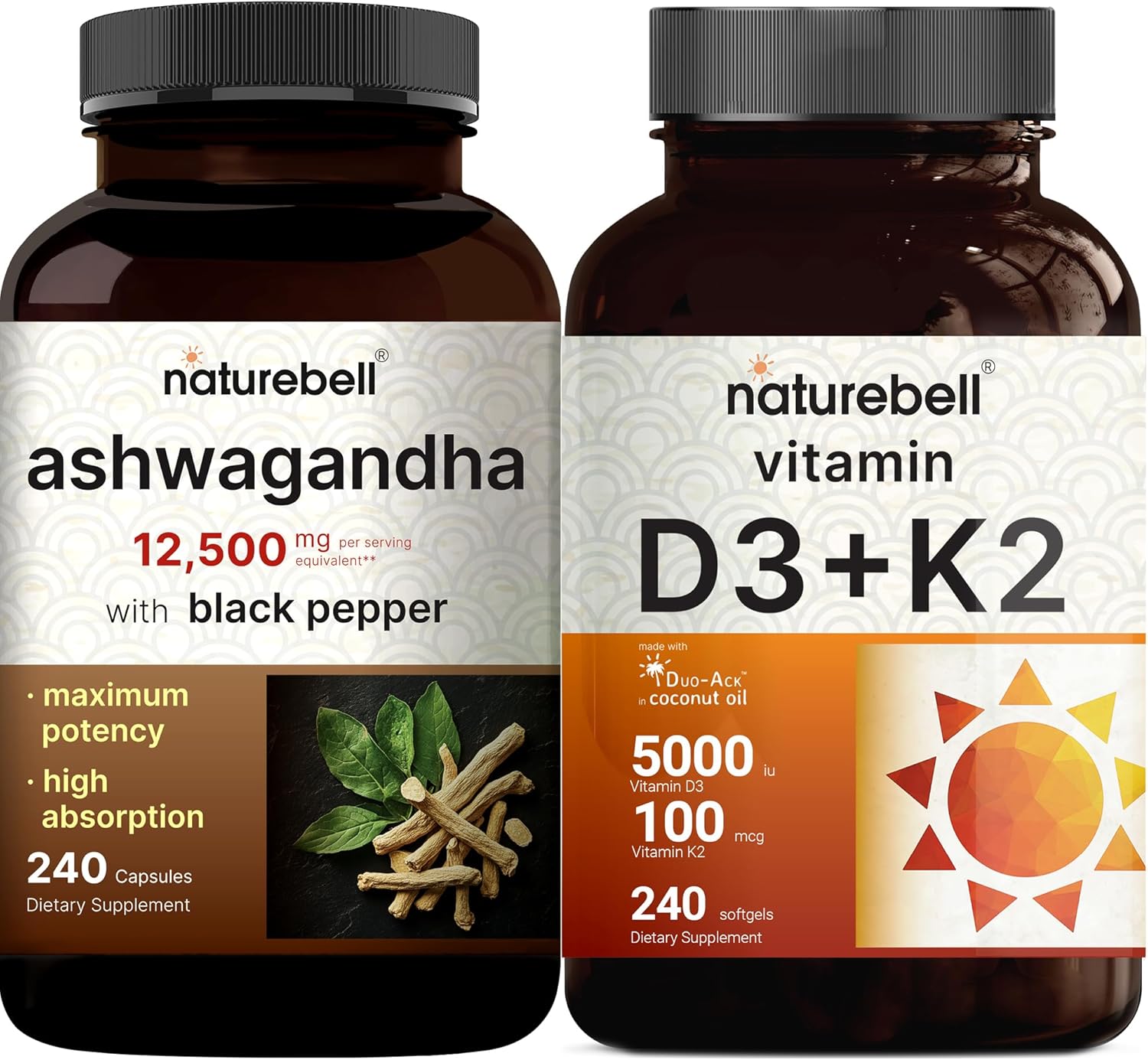Vitamin D3 5,000iu with K2 MK-7 and Ashwagandha Bundle Pack + Virgin Coconut Oil Softgels