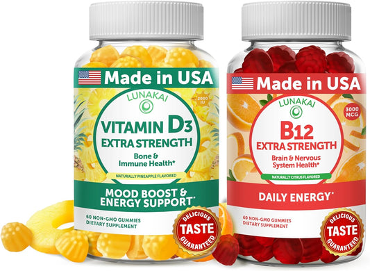Vitamin D3 and B12 Gummies Bundle for Immunity, Bone, and Mood Support - 2000IU D3, 3000mcg B12 High Absorption Energy Gummy - 30 Day Supply