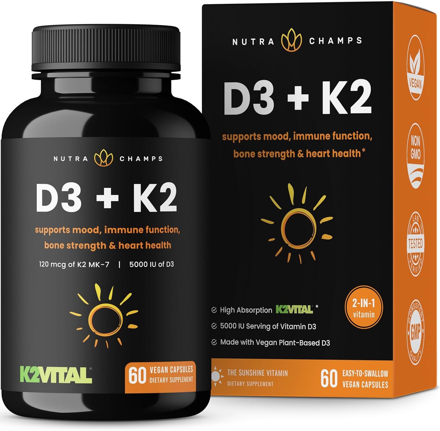 Vitamin D3 and K2 MK7 Complex Supplement for Heart and Bone Health - 5000 IU D3 and 100 mcg K2 MK-7 - 60 Capsules