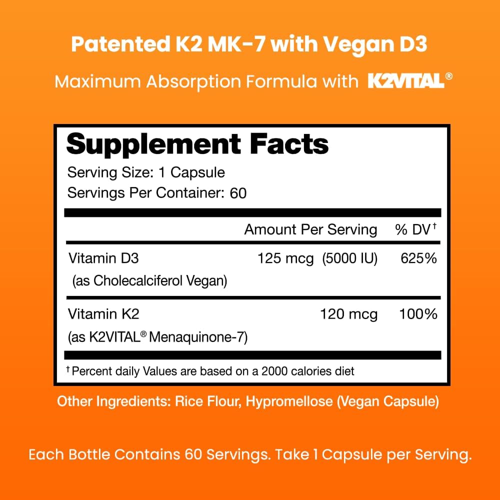 Vitamin D3 and K2 MK7 Complex Supplement for Heart and Bone Health - 5000 IU D3 and 100 mcg K2 MK-7 - 60 Capsules