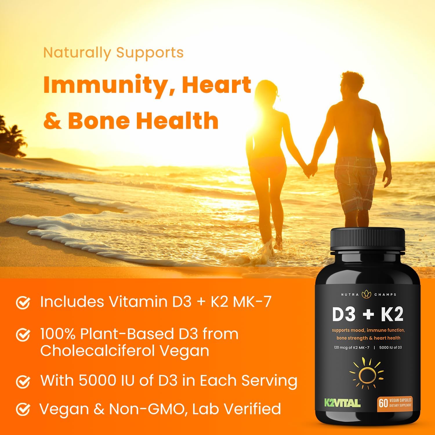 Vitamin D3 and K2 MK7 Complex Supplement for Heart and Bone Health - 5000 IU D3 and 100 mcg K2 MK-7 - 60 Capsules