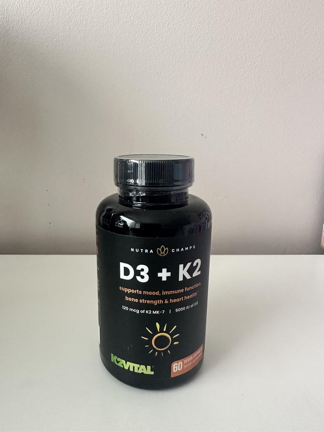 Vitamin D3 and K2 MK7 Complex Supplement for Heart and Bone Health - 5000 IU D3 and 100 mcg K2 MK-7 - 60 Capsules