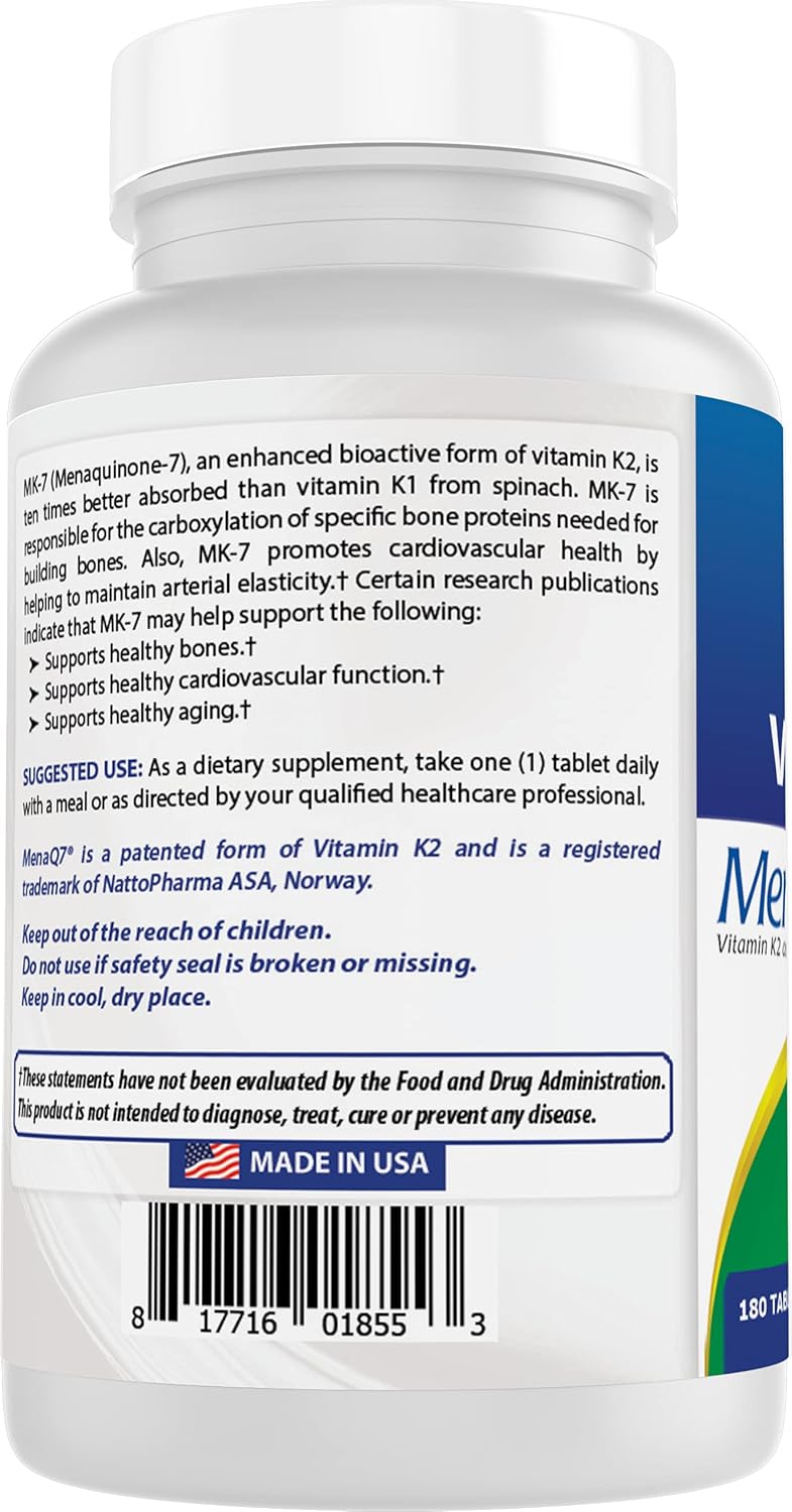 Vitamin D3 and K2 (MK7) Supplement for Bone and Heart Health - 180 Tablets, 5000 IU D3 & 100 mcg K2 MK7