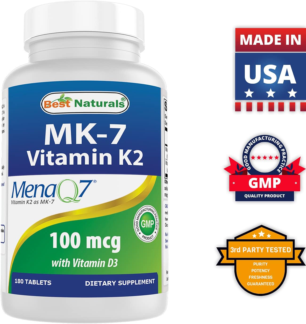 Vitamin D3 and K2 (MK7) Supplement for Bone and Heart Health - 180 Tablets, 5000 IU D3 & 100 mcg K2 MK7