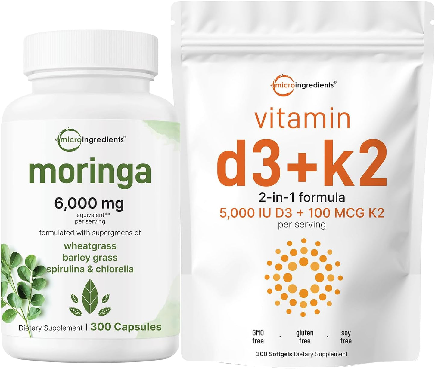 Vitamin D3 and K2 Softgels with Moringa Oleifera Capsules Bundle - 300 Count - Antioxidant Supplement Pack for Sunshine Vitamins