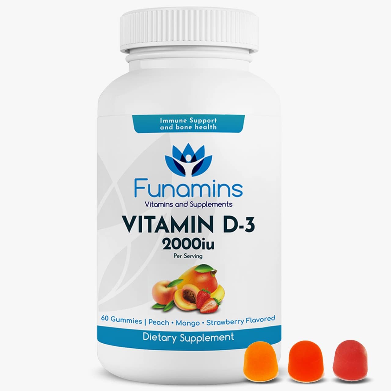 Vitamin D3 Gummies 2000iu, 60 Count for Immune & Bone Health, Peach, Mango, Strawberry Flavors, Kids & Adults