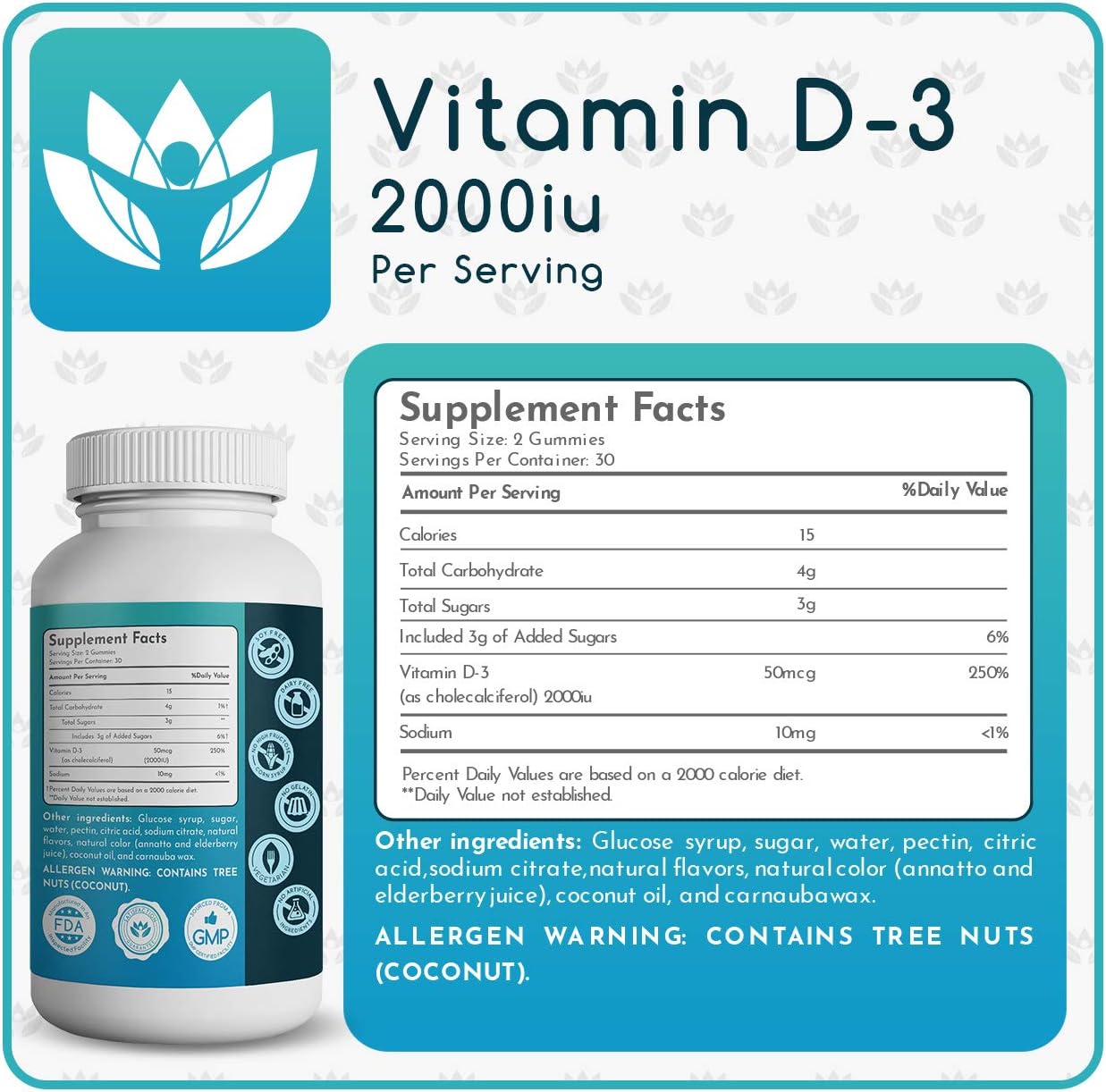 Vitamin D3 Gummies 2000iu, 60 Count for Immune & Bone Health, Peach, Mango, Strawberry Flavors, Kids & Adults